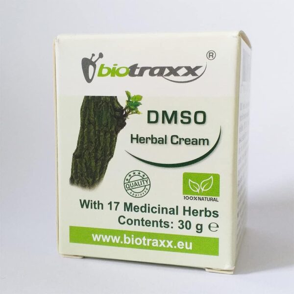 DMSO-Cream-Front-Packaging The front packaging of Biotraxx DMSO Herbal Cream displays the quality features.