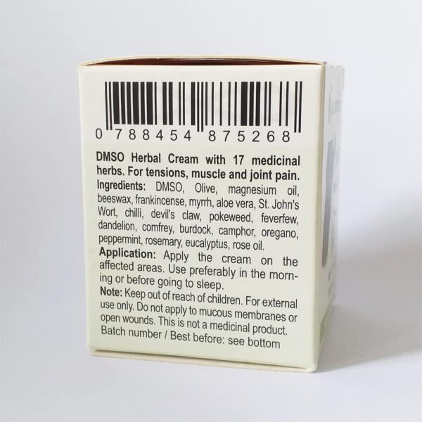 DMSO-Cream-Rear-Packaging The packaging of Biotraxx DMSO Herbal Cream displays a list of ingredients.