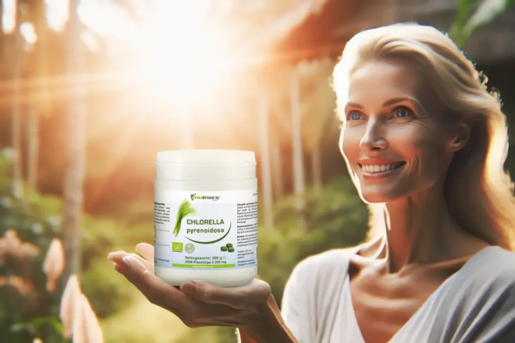 healthy women present Biotraxx Chlorella pyrenoidosa to her husband