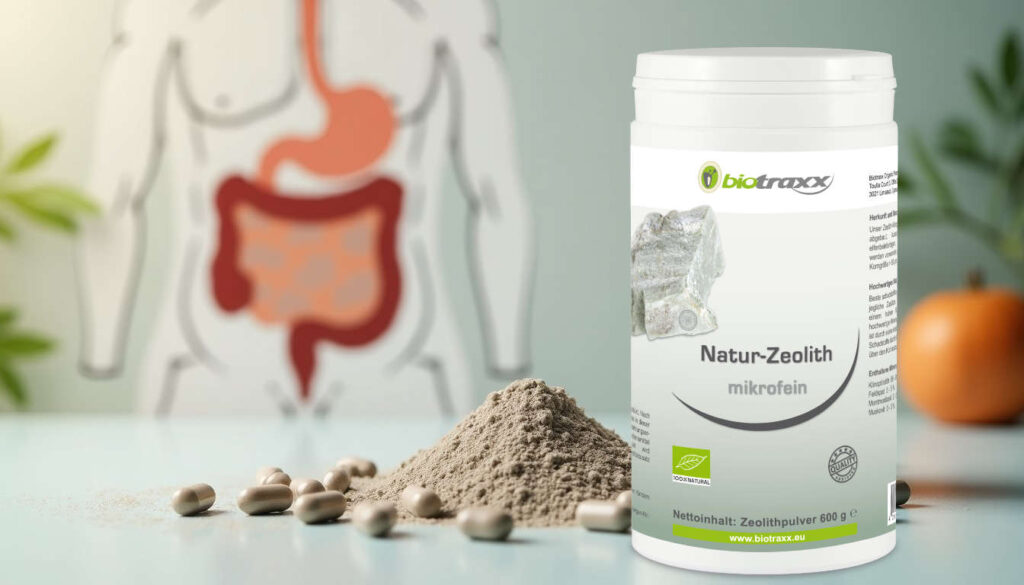 Biotraxx Zeolite microfine showing scoop of the clay powder on the left and the Biotraxx bottle on the right